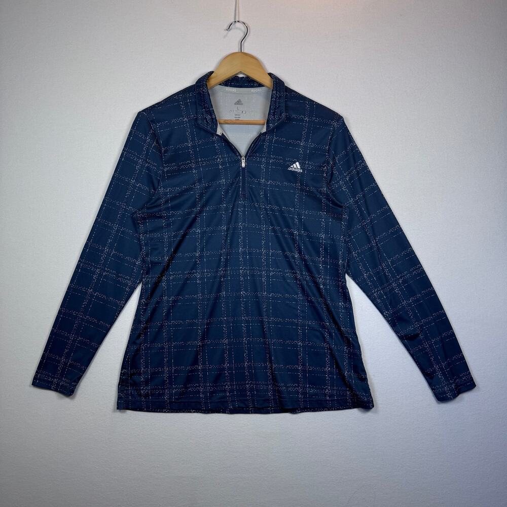 Adidas Golf Climacool Pullover Women L Navy Plaid Quarter Zip Stretch Top